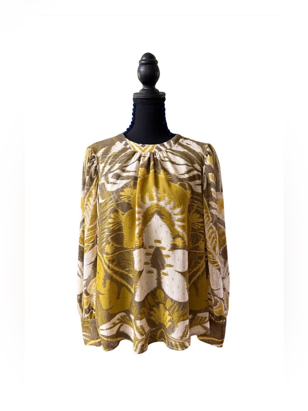 Rachel Zoe Mustard Green Cream Brown Abstract Floral Sparkling Gold Blouse